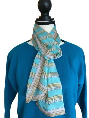 Vintage Demaro Silk Light Aqua & Rose Gold Stripe Skinny Neck Scarf 8” x 58”